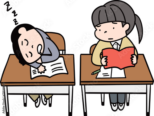 教室の机を並べた隣の子供が居眠りしている