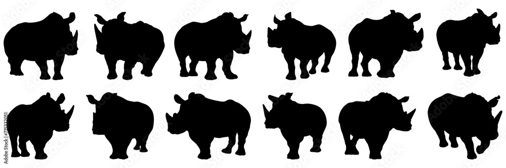 Fototapeta premium Rhino silhouettes set, large pack of vector silhouette design, isolated white background