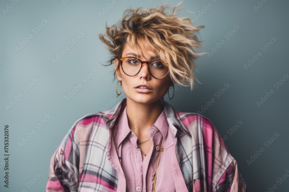 Portrait of a beautiful young woman in glasses and a plaid shirt.