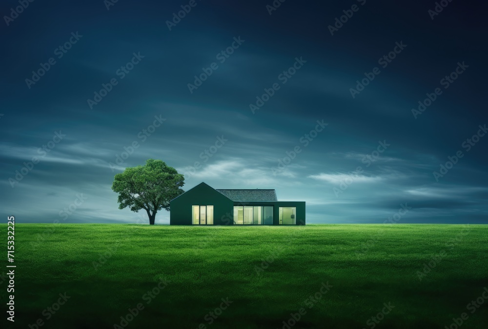 An environmentally conscious and minimalistic dwelling harmoniously positioned on a backdrop of green grass. - obrazy, fototapety, plakaty 