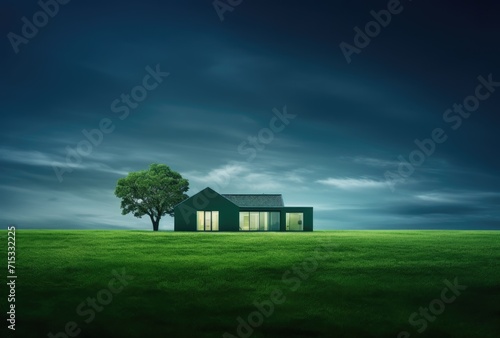 An environmentally conscious and minimalistic dwelling harmoniously positioned on a backdrop of green grass. photo