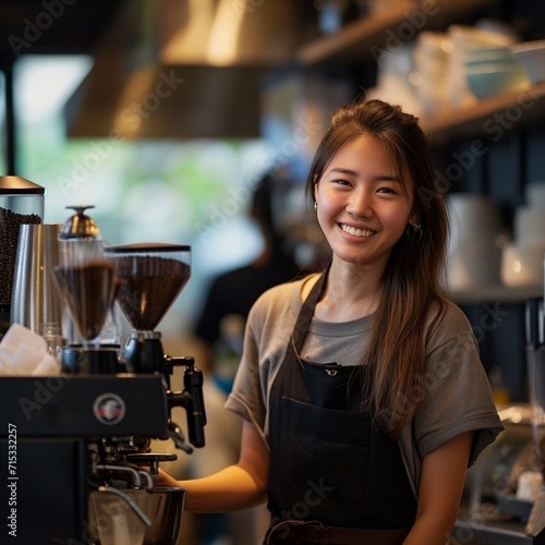 portrait of person in cafe, barista at work
