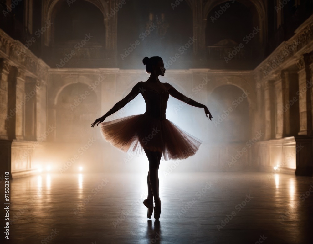 Silhouette of a ballerina dancing in a rich castle in the dark,