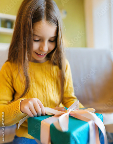 Generative AI - a happy child unwrapping a present photo