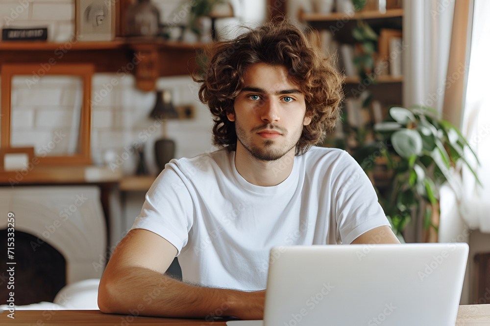 Young handsome man with laptop computer working at home. Looking at camera
Young handsome man with laptop computer working at home. Looking at camera
