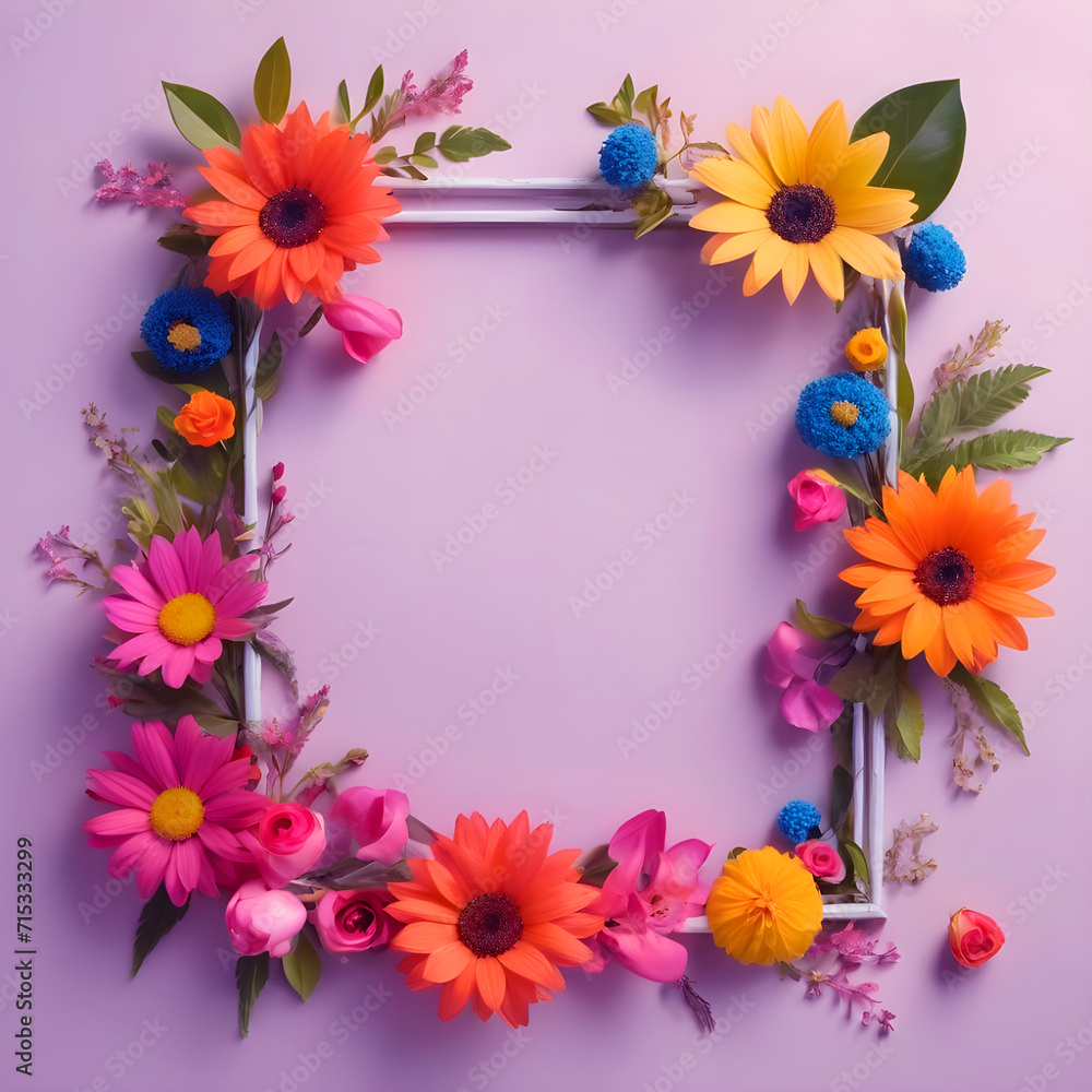 Fototapeta premium Frame floral decorations with a colorful flowers leaves for invitation