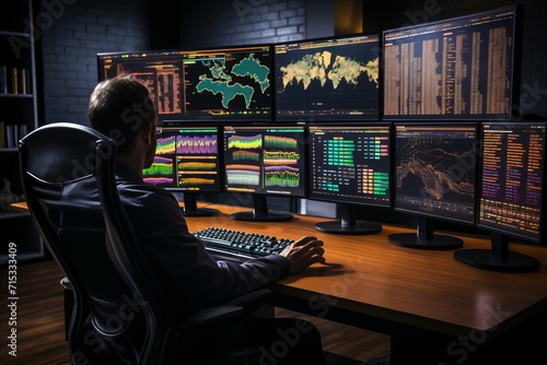 man on the background of monitors with stock market charts