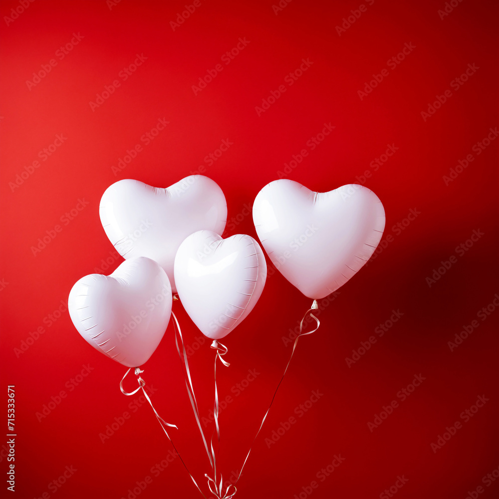 Four white heart-shaped balls on a red background.