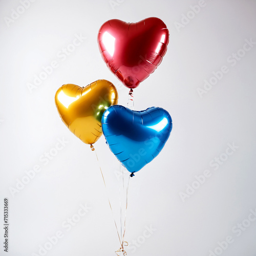 Red, blue, and turquoise heart-shaped balls on a white background