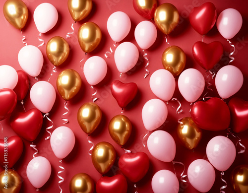 Pink, red, and gold heart-shaped balls on a red background