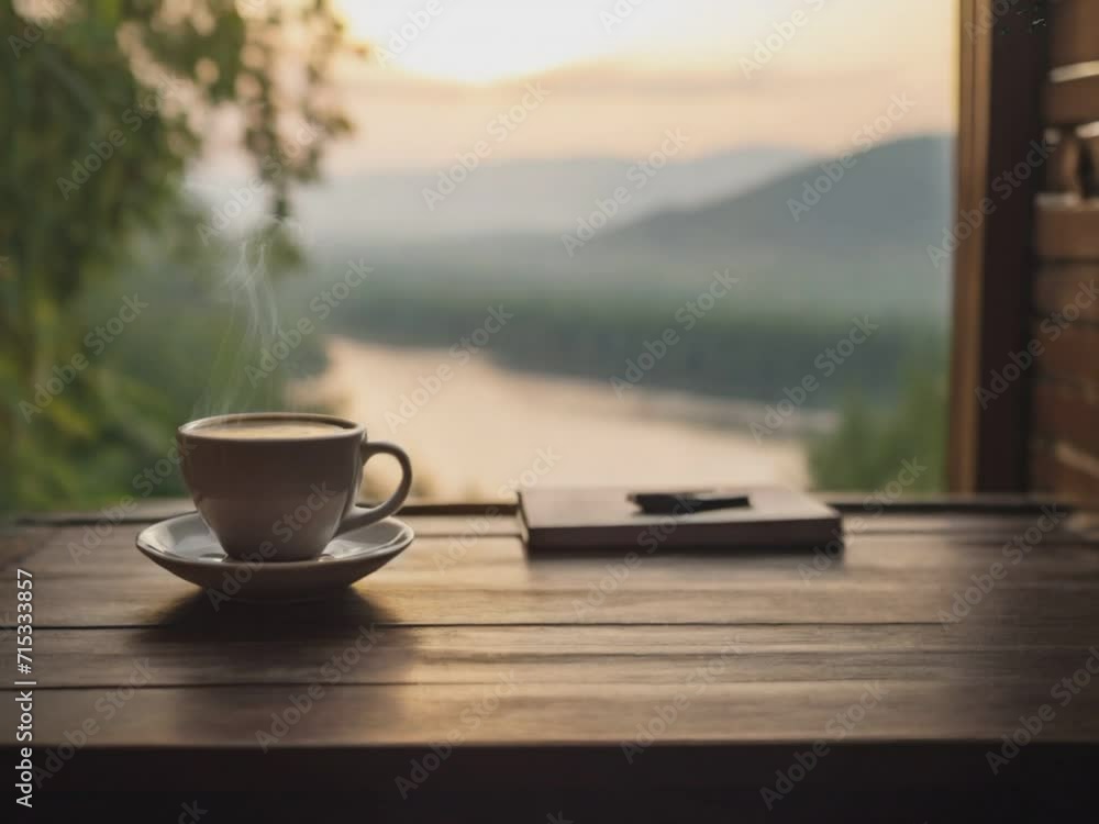 A cup of coffee and coffee beans on the table with a view of nature outside the window seamless looping time-lapse animation video background. Generated AI A cup of coffee and coffee beans on the table with a view of nature outside the window seamless looping time-lapse animation video background. Generated AI