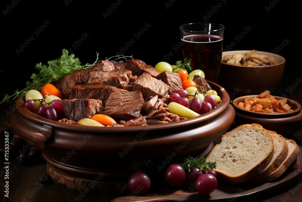 Beef stew with vegetables in a wooden bowl on a dark background Beef stew with vegetables in a wooden bowl on a dark background
