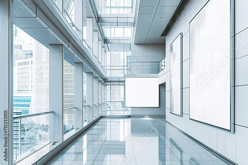 White rectangular Billboards in a modern Office building, Panoramic frame Mockup hanging on office wall. Mock up of a billboard in modern company interior 3D rendering