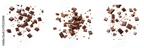 Set of delicious chocolate pieces in the air isolated on a transparent background