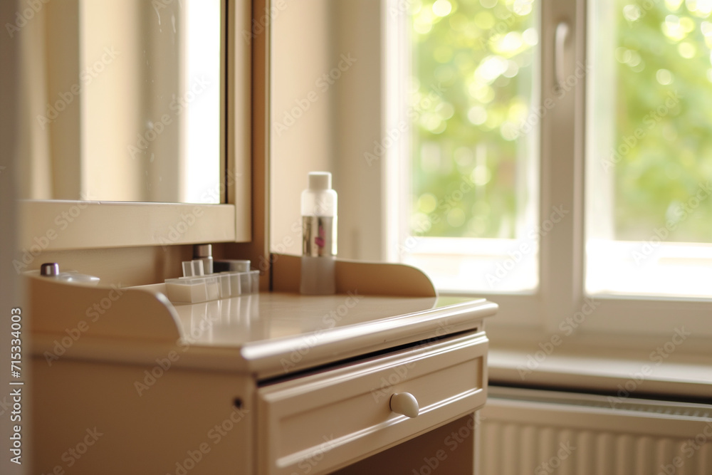 Modern, minimal beige Schminktisch, Goldgriff Schublade, Kosmetikspiegel in Creme, Schlafzimmerwand im Sonnenlicht für Luxus Schönheit, Kosmetik Modern, minimal beige Schminktisch, Goldgriff Schublade, Kosmetikspiegel in Creme, Schlafzimmerwand im Sonnenlicht für Luxus Schönheit, Kosmetik