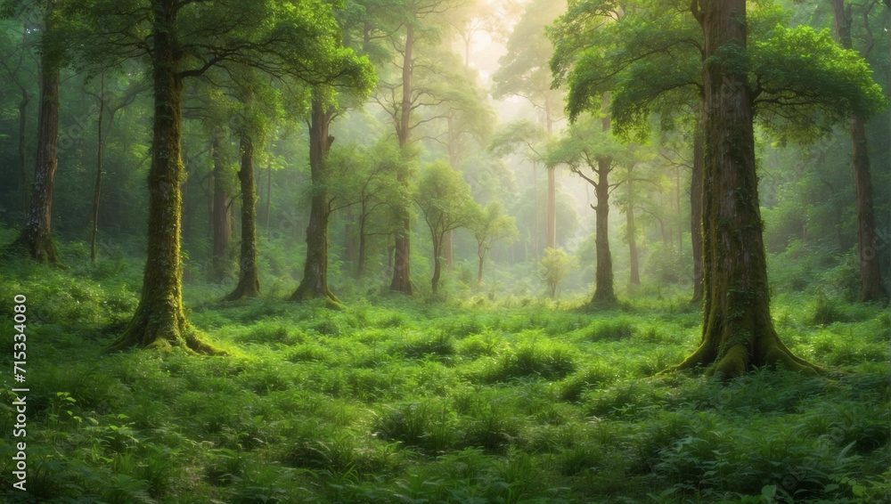 A concept landscape illustration of a green forest shining by the sunlight. Nature, Lush, Sun-rays, Trees and grass