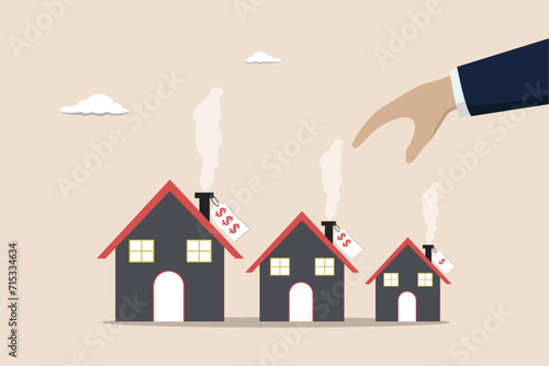 House or mortgage affordability calculation, picking new home base on budget, businessman thinking to choose different home variants with price tags.