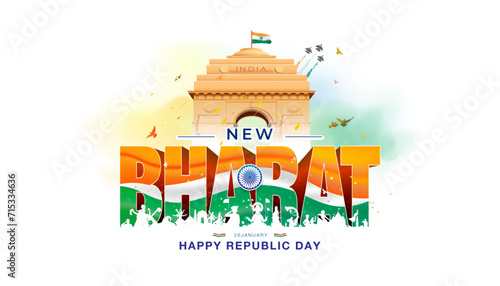 India Republic day celebration background. India as new Bharat cultural and technology growth development presentation and army patriotic parade show.