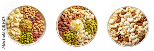 Set of mix dry food top view isolated on a transparent background