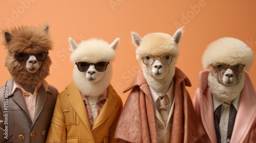 A group of adorable alpacas dressed like people