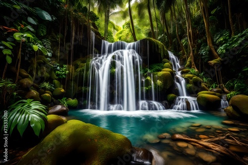A serene, secluded waterfall hidden within a lush, tropical rainforest. The cascading water creates a soothing symphony, blending with the chorus of tropical birds and the rustling of leaves.