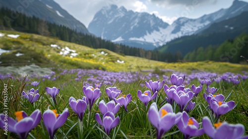 Mountainous area with lilac crocuses at the foot of the mountain © Taisiia