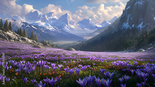 Beautiful mountainous area with lilac crocuses at the foot of the mountain