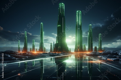 Futuristic Glass Mall Towers, on an isolated Aurora Green background, Generative AI