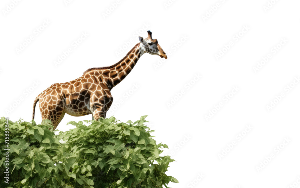 Obraz premium Majestic Giraffe Grazing on Lush Leaves in the African Wilderness on a White or Clear Surface PNG Transparent Background.