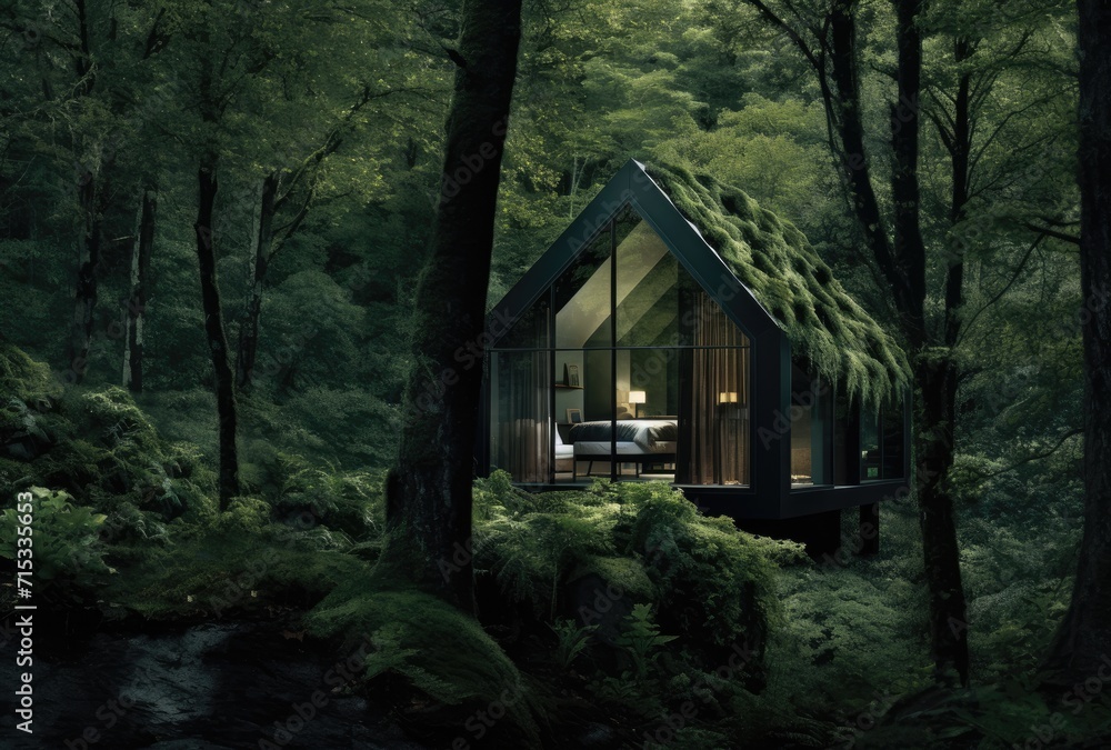 A dwelling nestled in the heart of a vibrant and lush green forest. A dwelling nestled in the heart of a vibrant and lush green forest.
