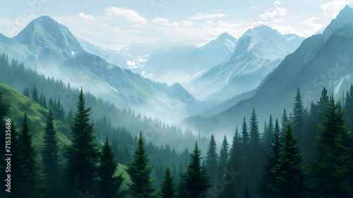 Beautiful green mountains with pine trees and fog 
