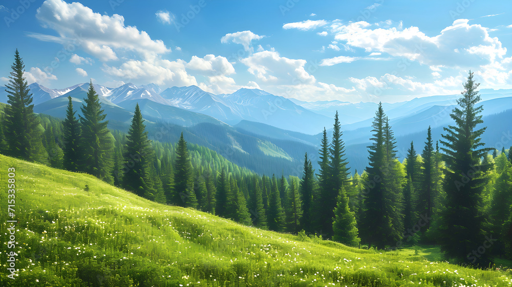 Beautiful spring green mountains with pine trees and green meadow