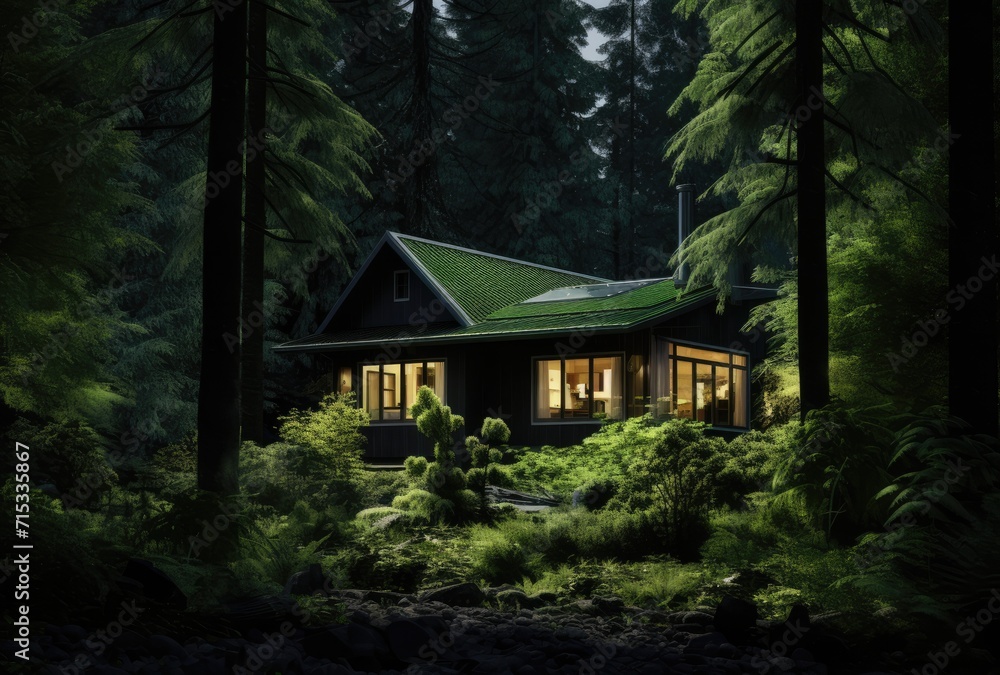 A dwelling nestled in the heart of a vibrant and lush green forest. A dwelling nestled in the heart of a vibrant and lush green forest.