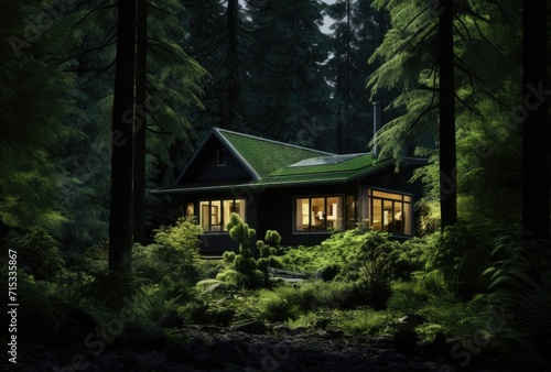 A dwelling nestled in the heart of a vibrant and lush green forest. © Murda