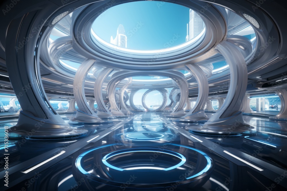 Futuristic Mall Atrium, on an isolated Tron Cyan background, Generative AI Futuristic Mall Atrium, on an isolated Tron Cyan background, Generative AI