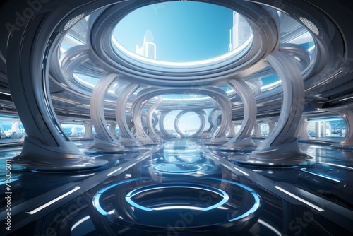 Futuristic Mall Atrium, on an isolated Tron Cyan background, Generative AI © Box Milk