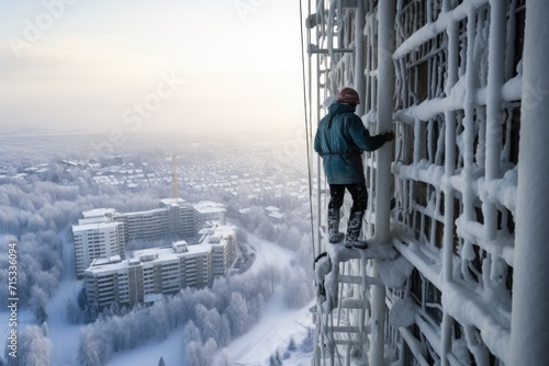 A real construction worker at a high-rise construction site on a cold winter day photo