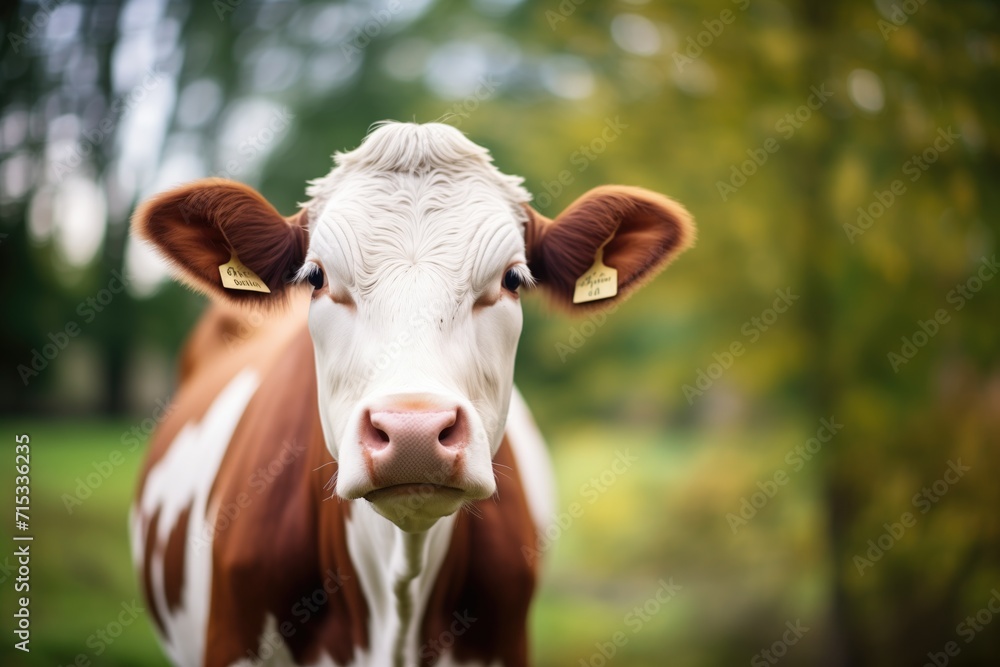 brown and white cow looking at camera with trees behind brown and white cow looking at camera with trees behind