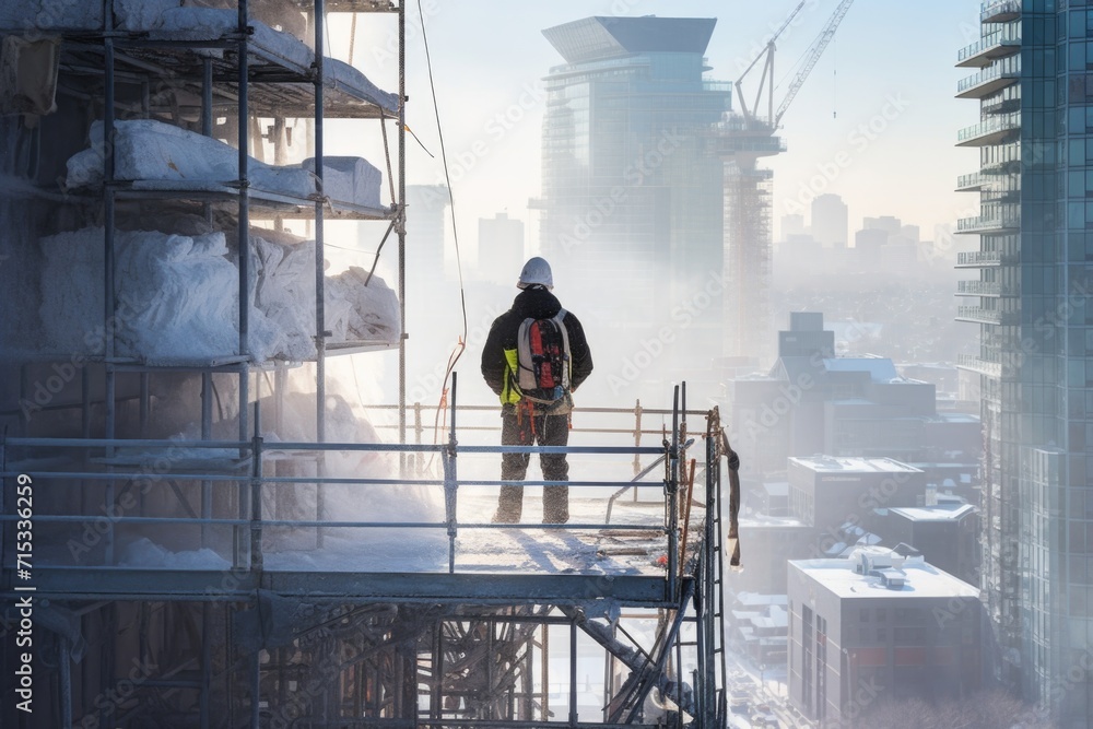A real construction worker at a high-rise construction site on a cold winter day - obrazy, fototapety, plakaty 