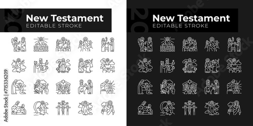 New testament linear icons set for dark, light mode. Life of Jesus Christ. Creed christian religion. Holy bible. Thin line symbols for night, day theme. Isolated illustrations. Editable stroke