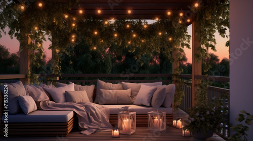 Simple patio furniture and string lights surrounded by greenery at night.