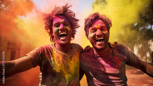 Portrait of happy friends having fun during Holi color festival in India.  photo