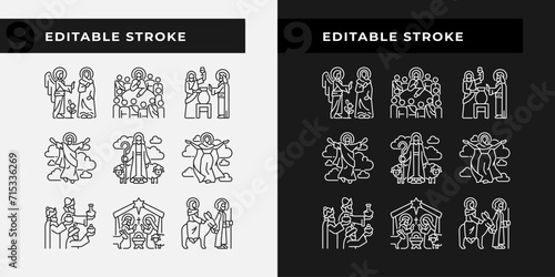 Biblical scenes linear icons set for dark, light mode. Jesus christ crucifixion. Happy ascension day. Thin line symbols for night, day theme. Isolated illustrations. Editable stroke