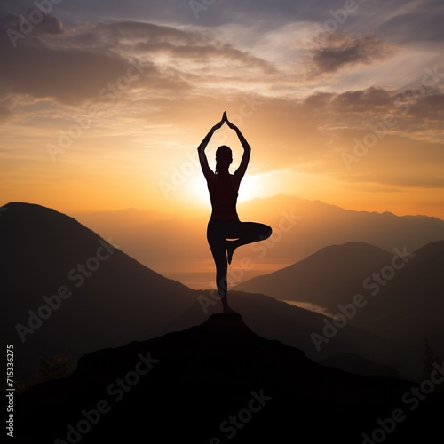 Silhouette of woman practicing yoga on the top of mountain at sunset. AI.
