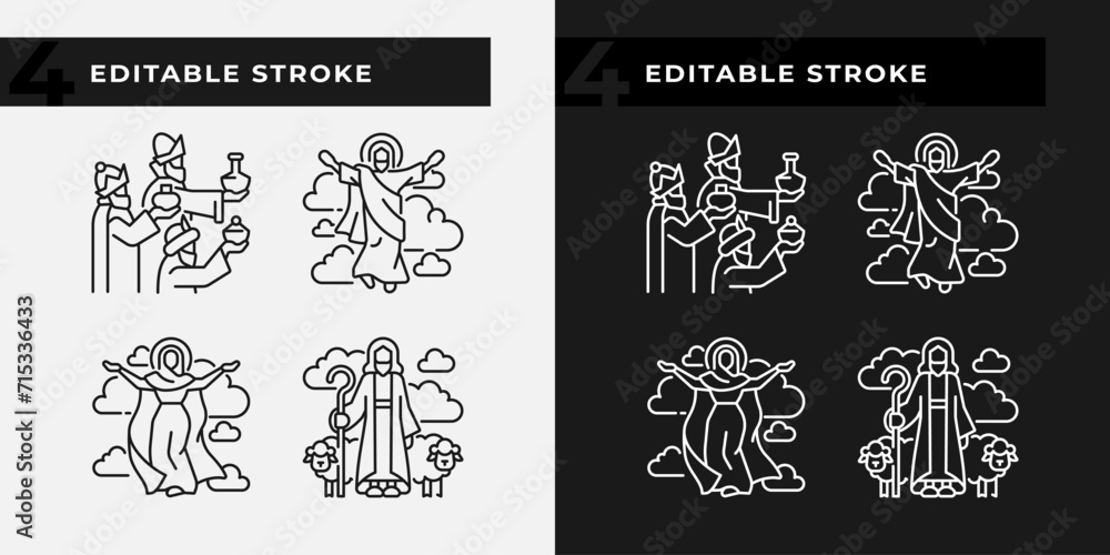Religious scenes linear icons set for dark, light mode. New testament. Biblical stories. Jesus Christ and Holy Mary. Thin line symbols for night, day theme. Isolated illustrations. Editable stroke