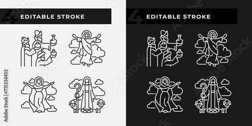 Religious scenes linear icons set for dark, light mode. New testament. Biblical stories. Jesus Christ and Holy Mary. Thin line symbols for night, day theme. Isolated illustrations. Editable stroke