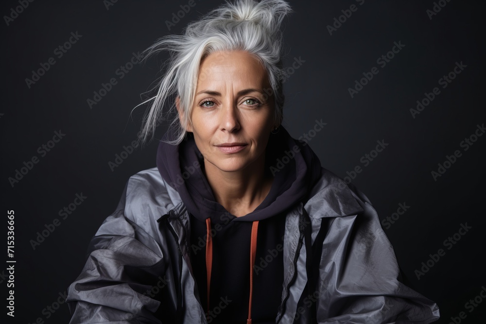Portrait of a woman in a hooded jacket on a dark background