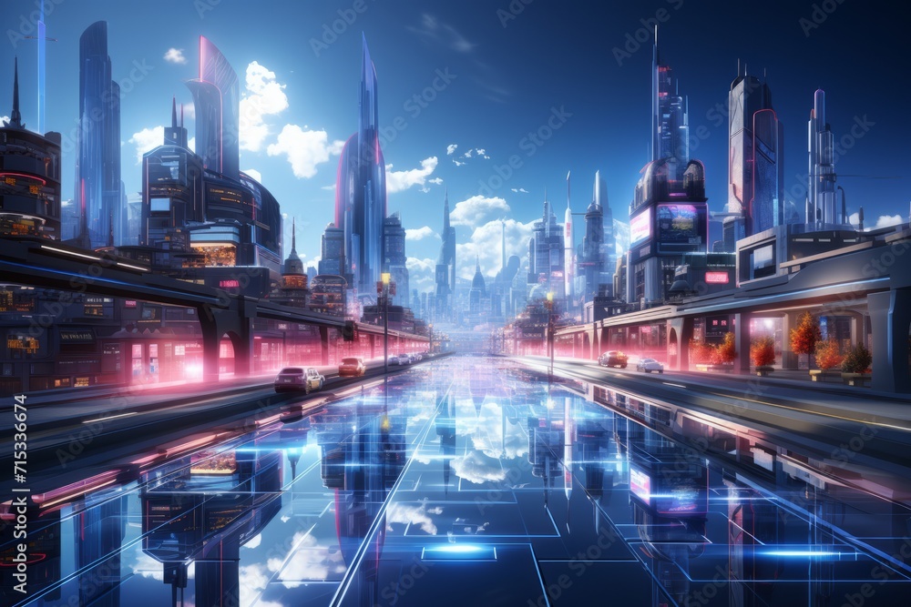 Obraz premium Futuristic Shopping District, on an isolated Magenta Gradient background, Generative AI
