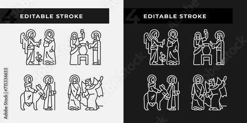 Holy figures linear icons set for dark, light mode. Mary and Joseph. Life of Jesus Christ. New testament. Thin line symbols for night, day theme. Isolated illustrations. Editable stroke