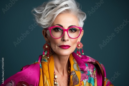Closeup portrait of a beautiful middle aged woman with short white hair and red lips wearing sunglasses and colorful scarf